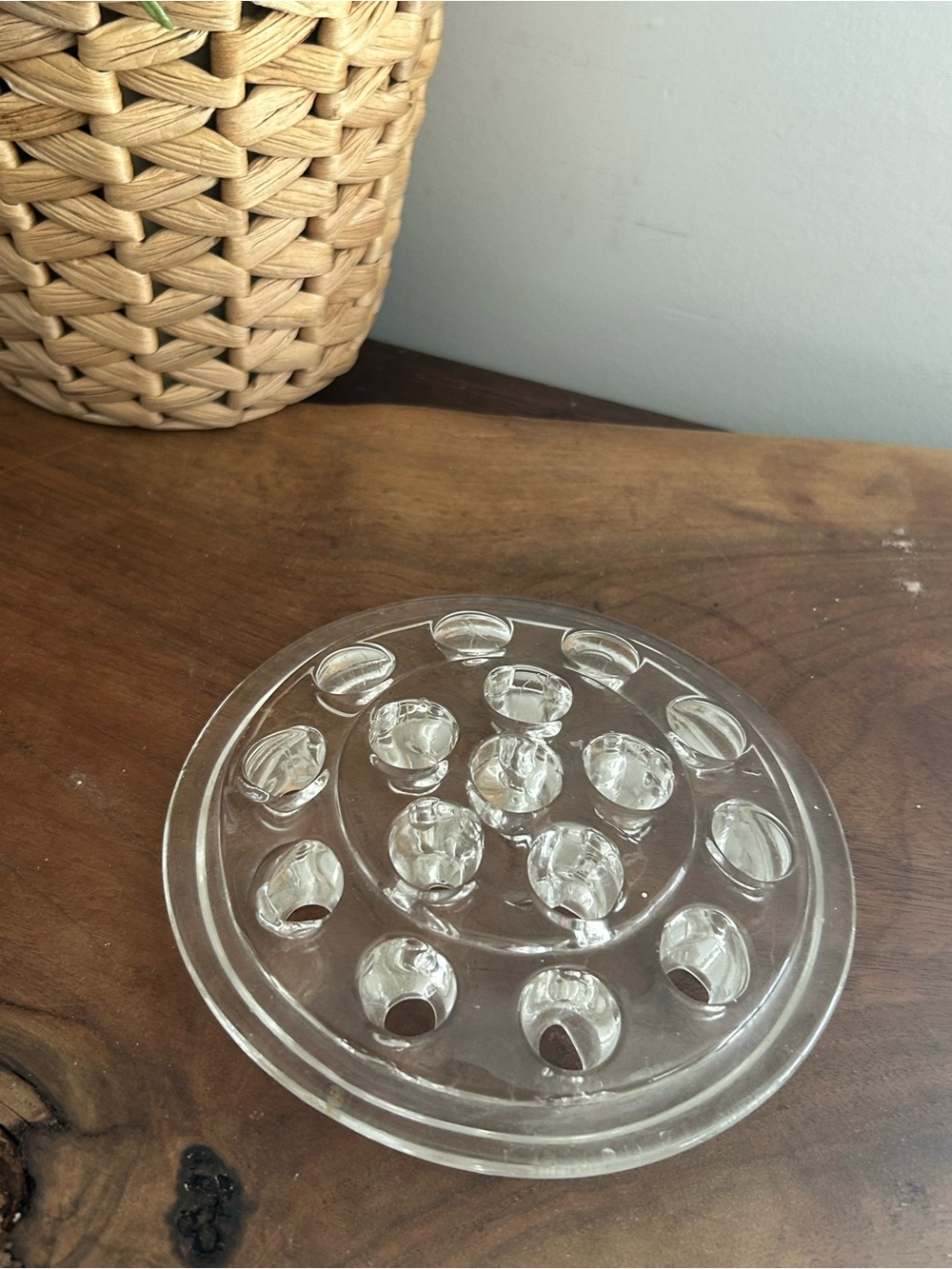VTG Large 16 Hole Clear Glass Round FLOWER FROG Floral 5”